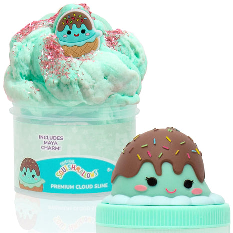 Original Squishmallows Maya the Ice Cream Premium Cloud Slime, Chocolate-Scented, 8 oz., Storage Container with Figurine Topper, Rubber Charm, Goodie Bags Stuffers, Kids Party Favors, Sensory Toys