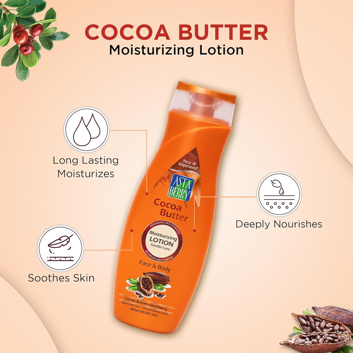 Astaberry Cocoa Butter Moisturizing Face & Body Lotion 300ml - Nourishes & Hydrates | Goodness of Cocoa Butter & Bearberry Extract | Removes Dryness & makes skin Soft | Pack of 2, (2 x 300ml)