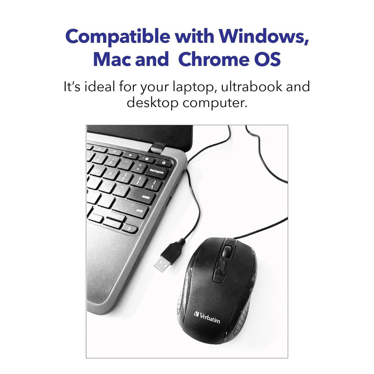 Verbatim Wired USB Computer Mouse - Corded USB Mouse for Laptops and PCs - Right or Left Hand Use, Blue 99743, 1.4" x 2.4" x 3.9"
