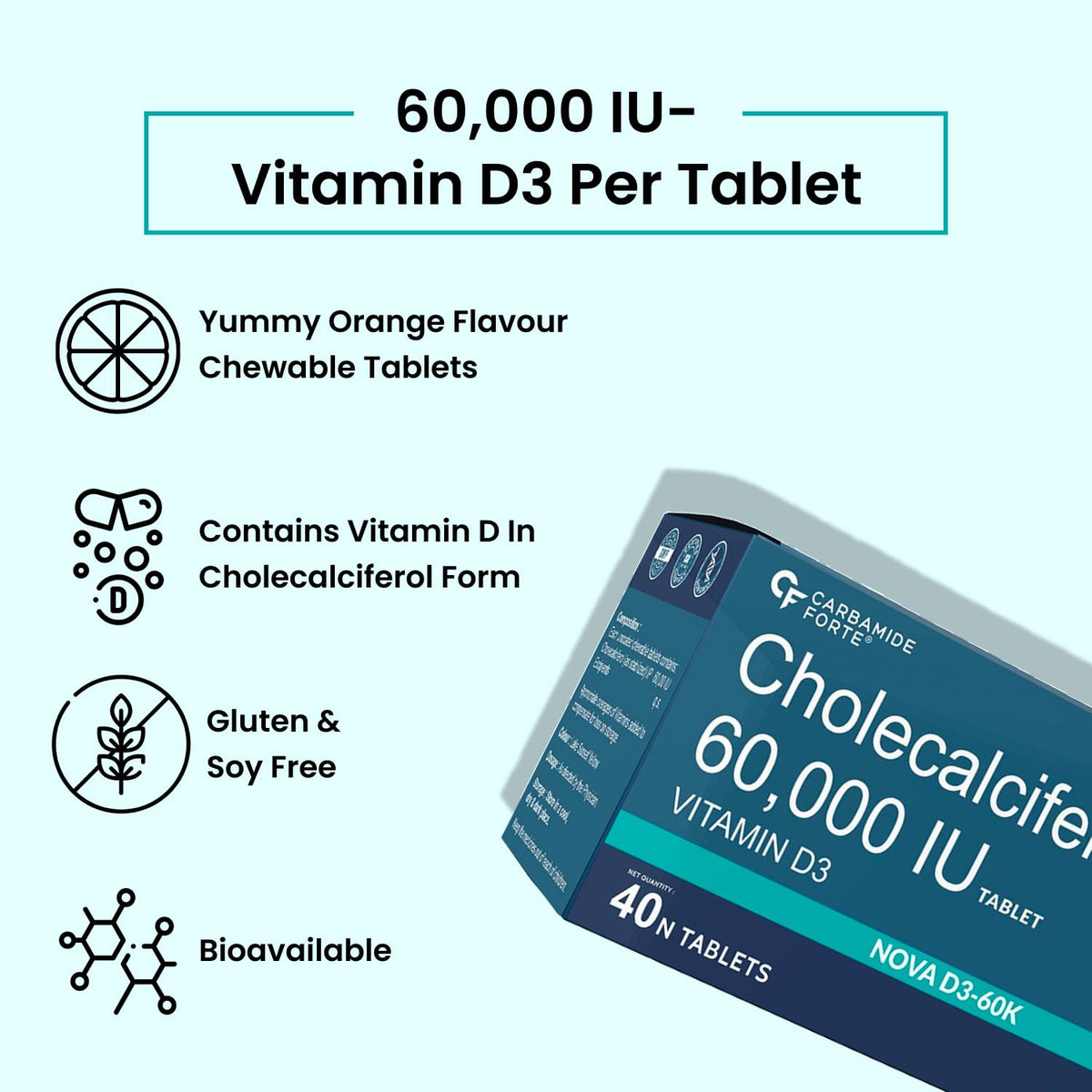 Carbamide Forte Vitamin D3 60000 IU Capsules | Vitamin D3 60k Supplement | Vitamin D 60000 iu Tablets | Cholecalciferol 60000 IU Vitamin D3 Supplement | vitamin d3 60000iu for men & women | Orange Flavour - 40 Tablets