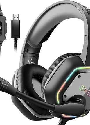 EKSA E1000 USB Gaming Headset for PC, Computer Headphones with Microphone/Mic Noise Cancelling, 7.1 Surround Sound, RGB Light - Wired Headphones for PS4, PS5 Console, Laptop, Call Center
