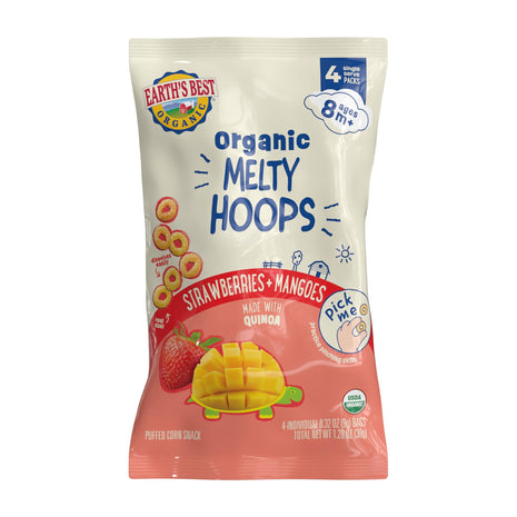 Earth's Best Organic Melty Hoops, Bite Sized Snacks for Babies 8 Months and Up, Strawberry and Mango, 0.32 Ounce Individual Bags (Pack of 4)