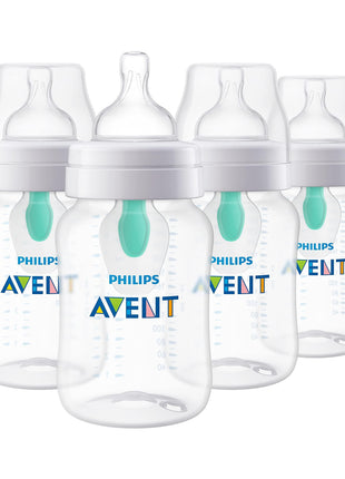 Philips Avent Anti-Colic Baby Bottle with AirFree Vent, Medium Flow, 9 oz | For Ages 1 Month+, Reduces Colic, Gas & Reflux, Flow 2 Nipple with Secure Latch System, BPA-Free, 4-Pack, Clear, SCY703/04