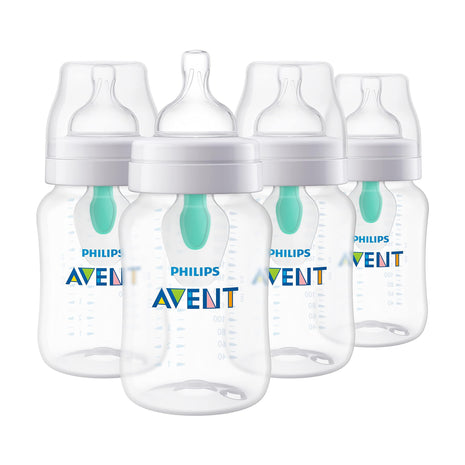 Philips Avent Anti-Colic Baby Bottle with AirFree Vent, Medium Flow, 9 oz | For Ages 1 Month+, Reduces Colic, Gas & Reflux, Flow 2 Nipple with Secure Latch System, BPA-Free, 4-Pack, Clear, SCY703/04