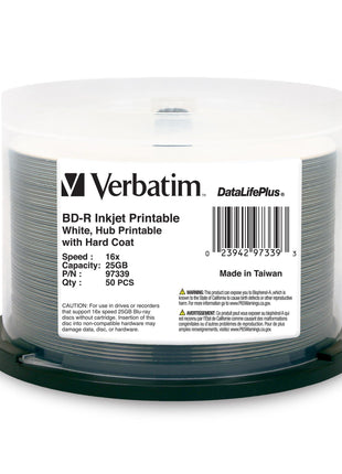 Verbatim BD-R 25GB 16X Blu-ray Recordable Media Disc DataLifePlus White Inkjet Hub Printable - 50pk Spindle - 97339