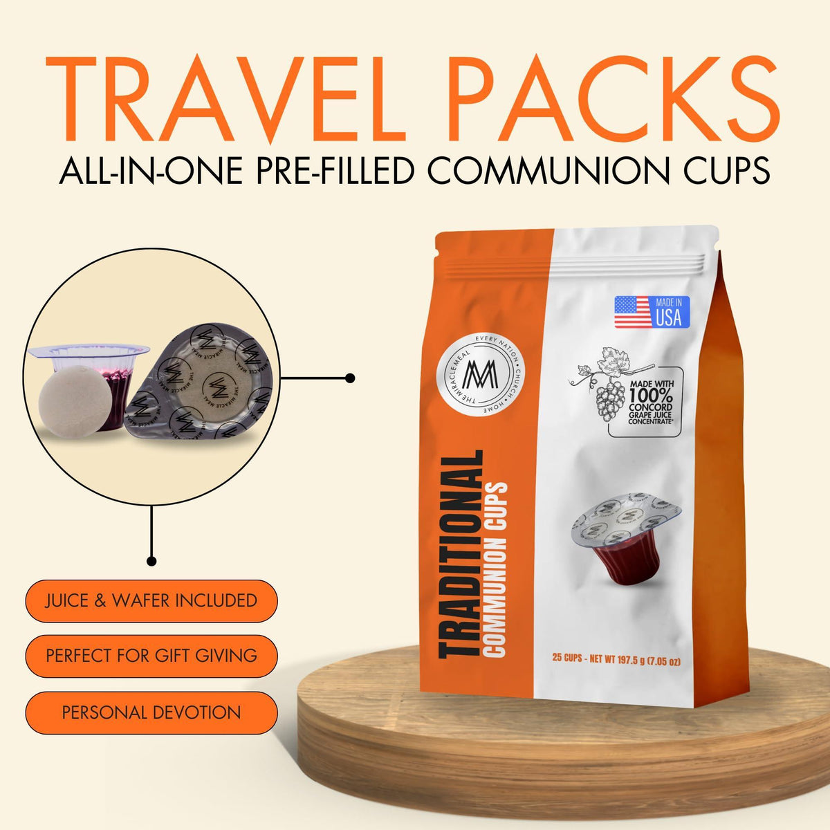 Travel Pack - The Miracle Meal Pre-Filled Traditional Communion Cup - Bag of 25 with Wafer and 100% Concord Grape Juice