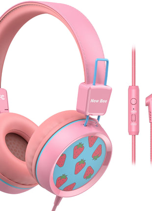 New Bee Kids Headphones Wired for School with Microphone KH20 HD Stereo Safe Volume Limited 85dB/94dB Foldable Lightweight for Girl/Mac/Android/Kindle/Tablet/Pad (Pink)