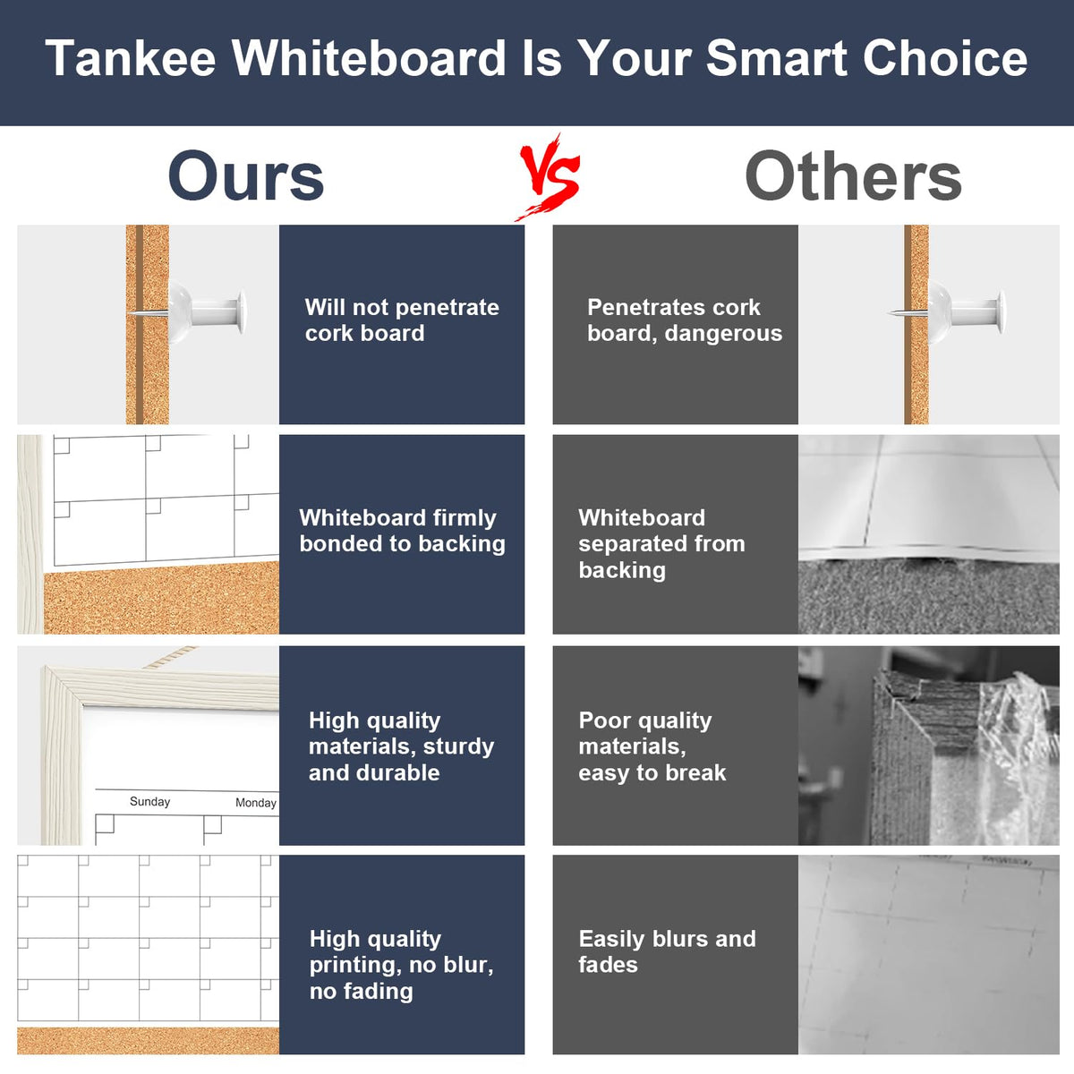 Calendar Whiteboard for Wall, TANKEE 17x13 Inches Whiteboard Calendar Cork Board Combo, Small Magnetic White Board with Wood Framed, Hanging Dry Erase Board for Kitchen Home Office School Planner