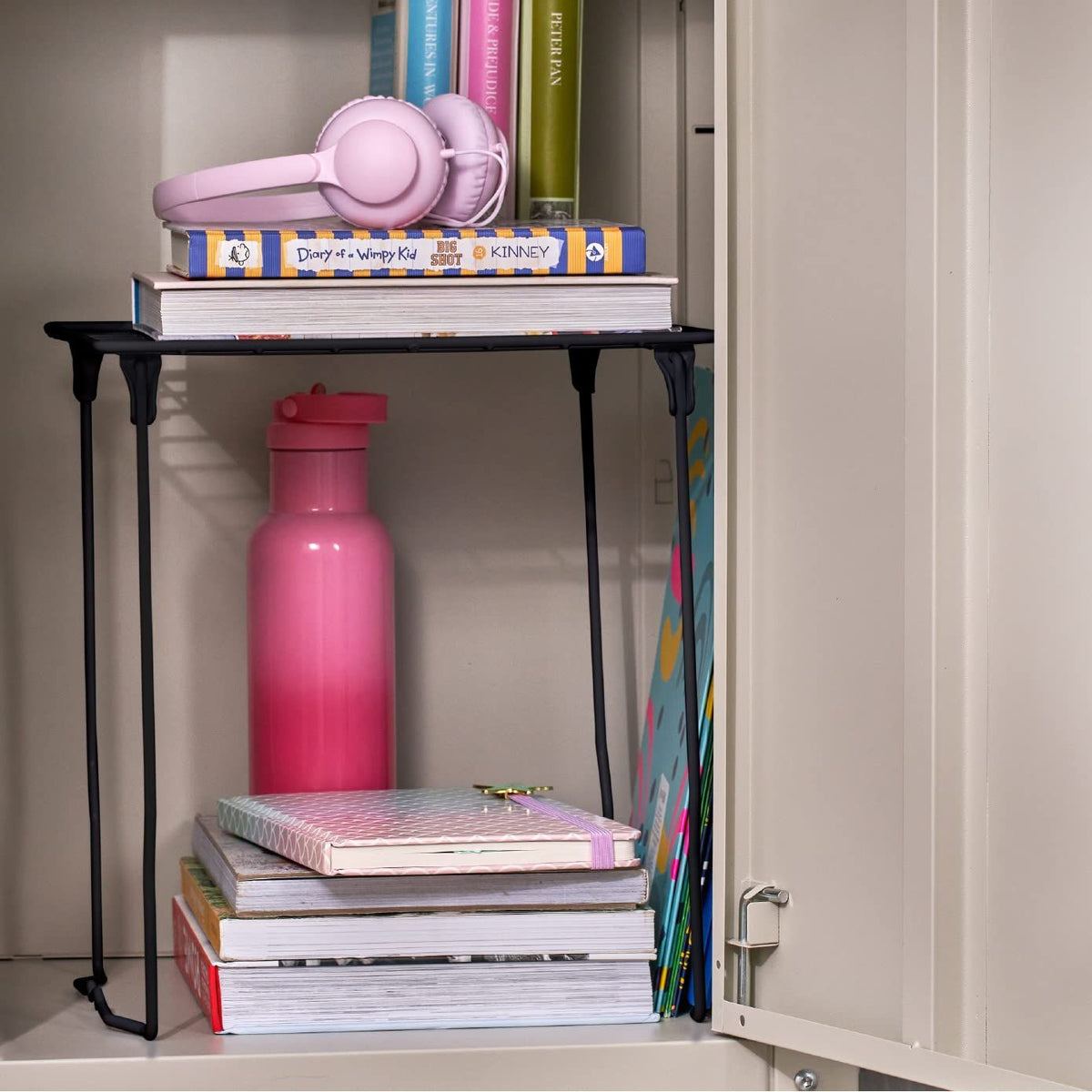 LockerMate Stac-A-Shelf Locker Organizer Shelf, Stackable, Extra Tall, Fits Standard Size School Lockers, Black