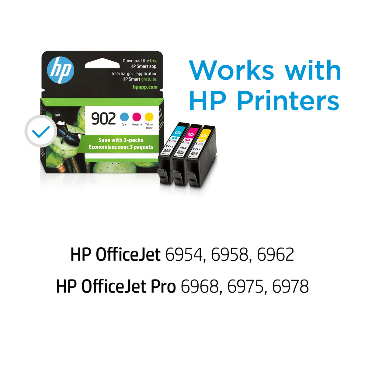 HP 902 Cyan, Magenta, Yellow Ink Cartridges for HP Printers | Works with Printer Series: OfficeJet 6950, 6960; OfficeJet Pro 6960, 6970 | Eligible for Instant Ink | T0A38AN