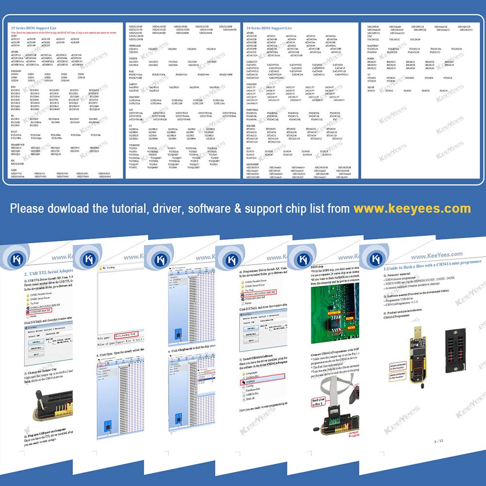 KeeYees SOP8 SOIC8 Test Clip and CH341A USB Programmer Flash for Most of 24 25 Series BIOS Chip with PDF Tutorial
