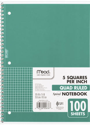 Mead Spiral Notebook, 1 Subject, Graph Ruled Paper, 7-1/2 inch x 10-1/2 inch, 100 Sheets, Green (05676AC5)
