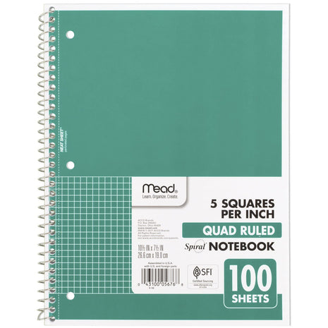 Mead Spiral Notebook, 1 Subject, Graph Ruled Paper, 7-1/2 inch x 10-1/2 inch, 100 Sheets, Green (05676AC5)