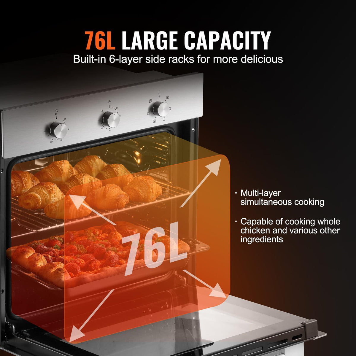 VEVOR Single Wall Oven, 2.68 Cu.Ft Electric Wall Ovens with Timer, 24" Built-in Electric Wall Oven with 6 Cooking Functions, Mechanical Knob Control Convection Wall Oven with Baking Rack and Tray
