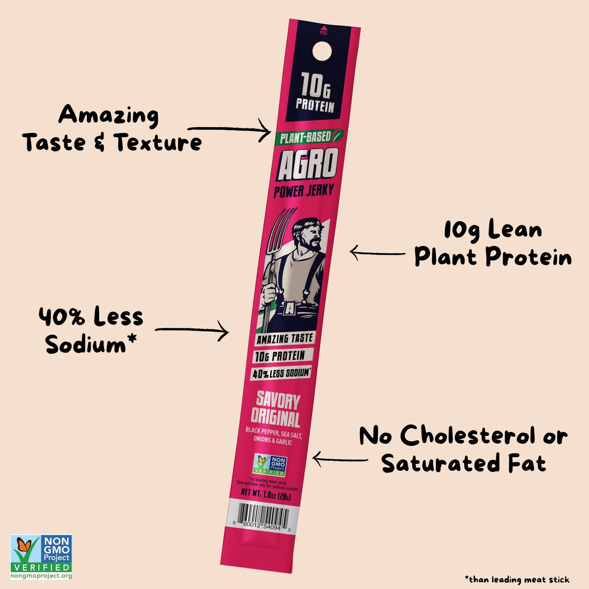 AGRO POWER Vegan Jerky Sticks – Savory Original Flavor – 7-Stick Bag of Plant-Based Jerky with 10g Protein – Non-GMO, Low Sodium, High Protein Vegan Snack – Vegetarian Meat Alternative