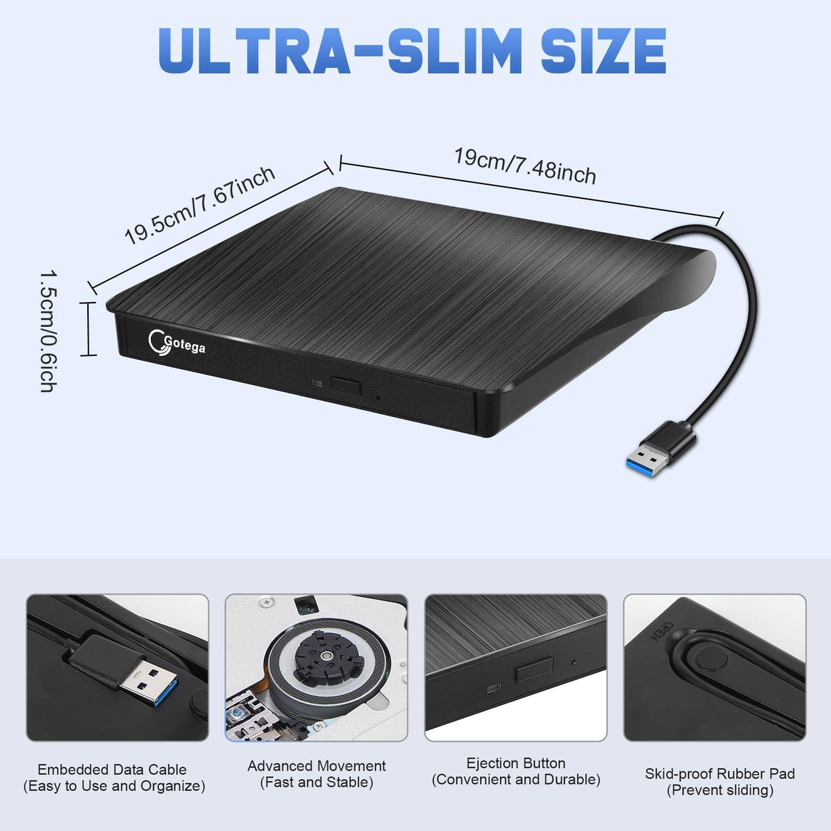 Gotega External DVD Drive, USB 3.0 Portable +/-RW, DVD Player for CD ROM Burner Compatible with Laptop Desktop PC Windows Linux OS Apple Mac Black