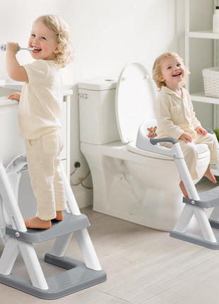 SKYROKU Potty Training Toilet, 2-in-1 Anti-Slip Seat with Step Stool | Wide anti-slip base holds 200+ lbs.Fits round & elongated toilets,6 heights.Tall splash guard stops leaks.Folds to step stool
