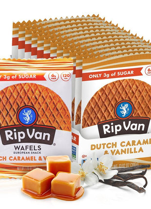 Rip Van Wafels Dutch Caramel & Vanilla Stroopwafels, Healthy Snacks, Non-GMO, Low Calorie, Low Sugar (3g), Office Snacks, Keto Friendly, 12 Count