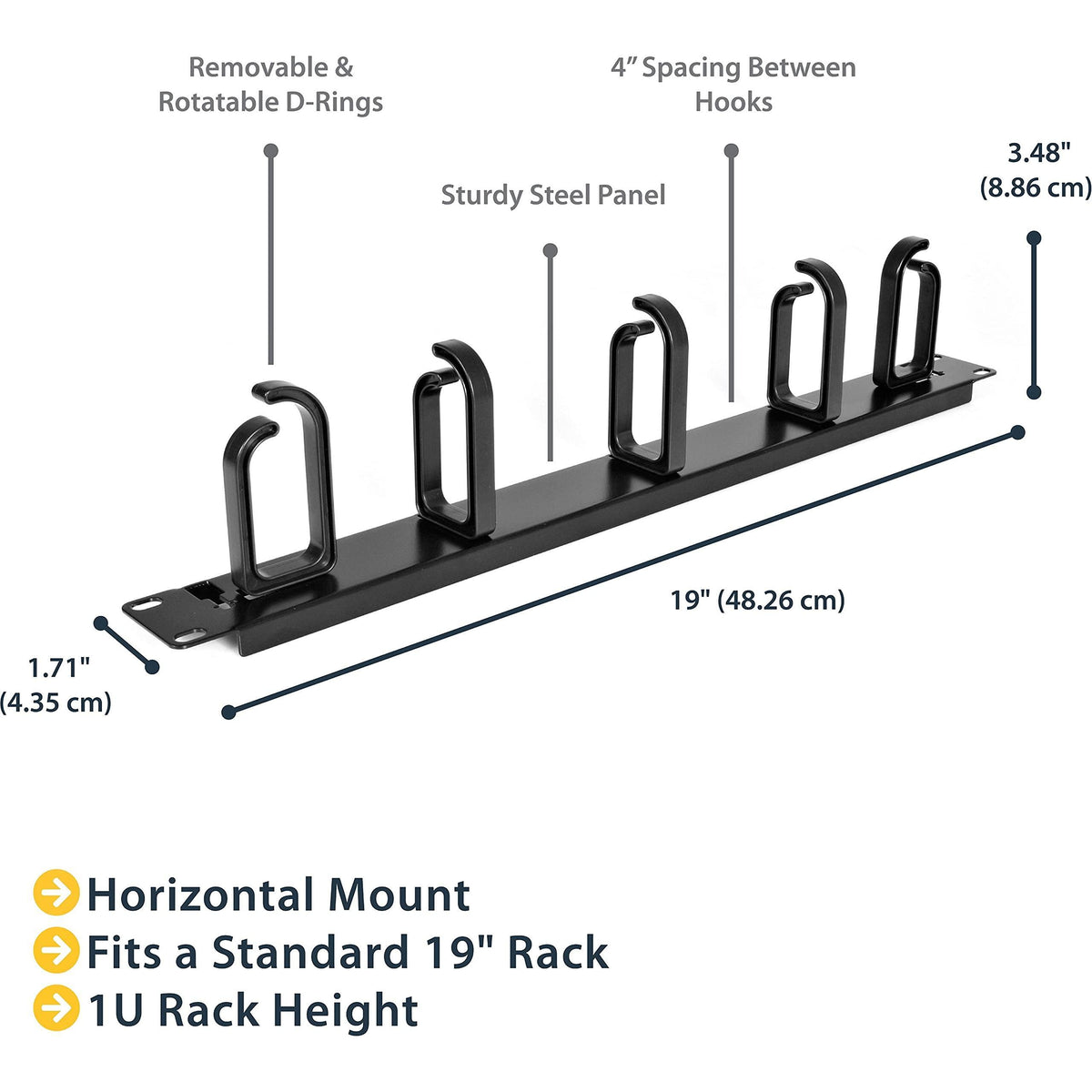 StarTech.com 19” Server Rack Cable Management Panel w/ D-Ring Hooks - 1U Horizontal or Vertical Wire and Cord Manager - Metal , TAA (CABLMANAGER2)