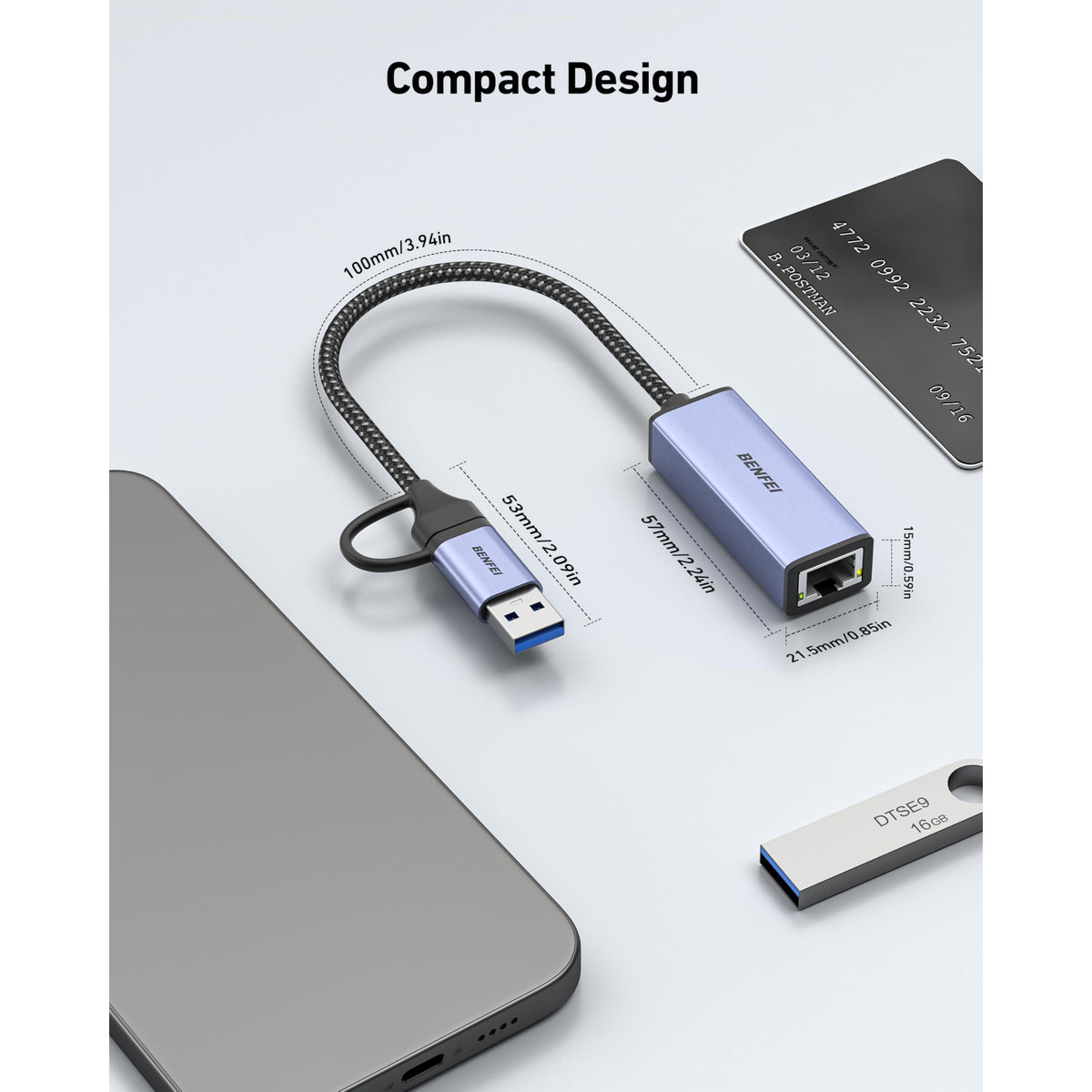 BENFEI USB 3.0 to Ethernet Adapter, USB C to RJ45 Gigabit LAN (1000Mbps) Network Adapter, Compatible with MacBook/Pro/Air, Surface Pro, Windows 11/10/8/7, Mac OS [Aluminium Shell&Nylon Cable]