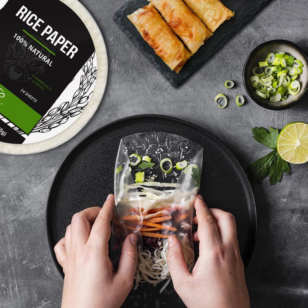 Soeos Rice Paper, White Rice Paper Wrappers, 1 Pack, 34 Sheets-Fresh Spring Roll Wrappers & Dumplings, Non-GMO, Gluten-Free, Low Carb, Vietnamese Rice Wraps (Round, 22cm)