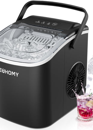 EUHOMY Countertop Ice Maker Machine with Handle, 26lbs in 24Hrs, 9 Ice Cubes Ready in 6 Mins, Auto-Cleaning Portable Ice Maker with Basket and Scoop, for Home/Kitchen/Camping/RV. (Black)