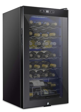 SCHMECKE 28 Bottle Compressor Wine Cooler Refrigerator w/Lock - Large Freestanding Wine Cellar - 41f-64f Digital Temperature Control Wine Fridge For Red, White, Champagne or Sparkling Wine - Black