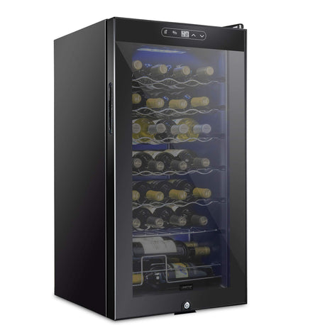 SCHMECKE 28 Bottle Compressor Wine Cooler Refrigerator w/Lock - Large Freestanding Wine Cellar - 41f-64f Digital Temperature Control Wine Fridge For Red, White, Champagne or Sparkling Wine - Black