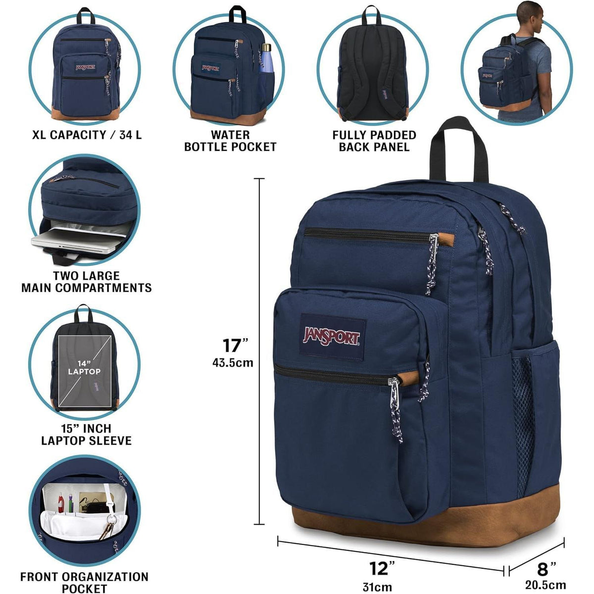 JanSport Cool Backpack, with 15-inch Laptop Sleeve - Large Computer Bag Rucksack with 2 Compartments, Ergonomic Straps, Grey Letterman