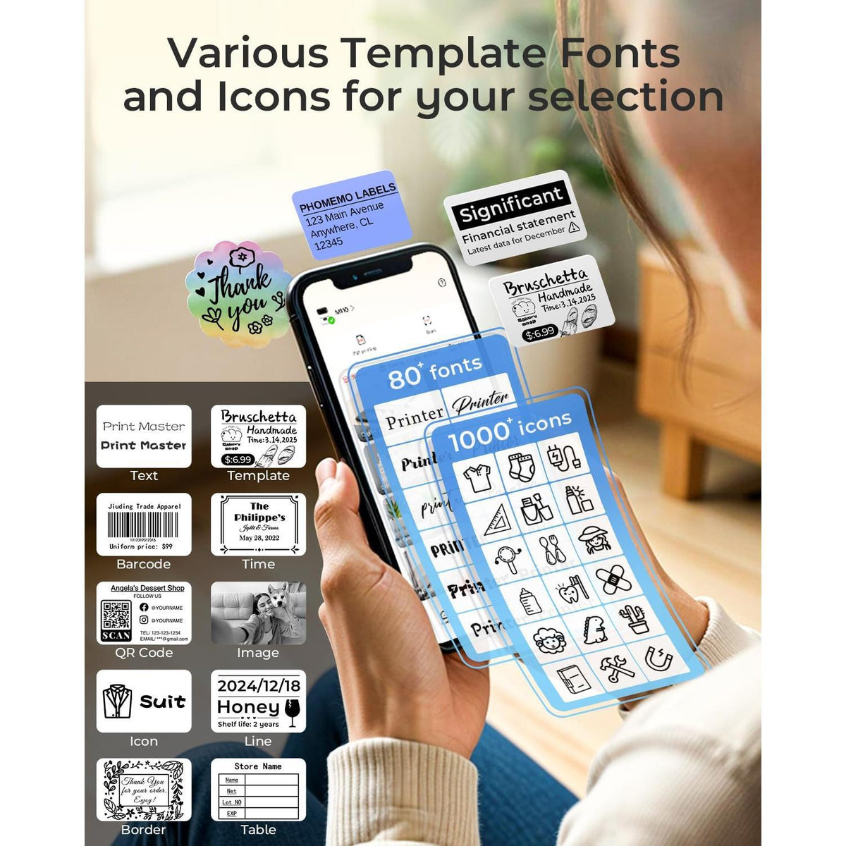 Phomemo M110 Label Makers - Barcode Label Printer Bluetooth Label Maker Portable Thermal Printer for Small Business, Address, Barcode, Logo, Clothing, Mailing, Sticker Printers for Phones & PC, Black