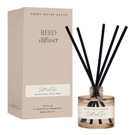 Sweet Water Decor Salt and Sea Reed Diffuser - Sea Salt, Citrus, Musk & Amber Scent - Long-Lasting 4 Month Home Fragrance, Non-Toxic, Aesthetic Home & Bathroom Decor, Made in USA, 3.5 Fl Oz