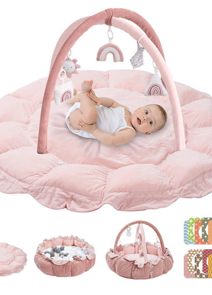 HAN-MM 5-in-1 Convertible Baby Play Gym with 6 Toys, Tummy Time Mat for Sensory Development, Baby Activity Center from Newborn to Toddler, Ball Pit, Cat & Dog Bed, Soft Plush Pet Bed, Pink