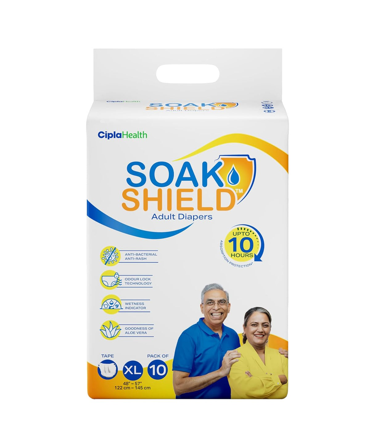 Cipla Soak Shield Premium Adult Diaper - Tape Style | 10 hr Absorption-Protection |AntiBacterial & AntiRash | Unisex with Wetness Indicator | Odour Control | Goodness of Aloe Vera | 10 Units