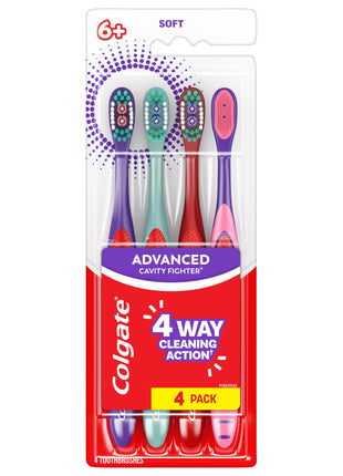 Colgate Extra Soft Kids Toothbrushes, Advanced Cavity Fighter Kids Toothbrush Pack, Extra Soft Bristles Help Remove Plaque and Stains for a Gentle Clean, for Children Ages 6 and Up, 4 Pack