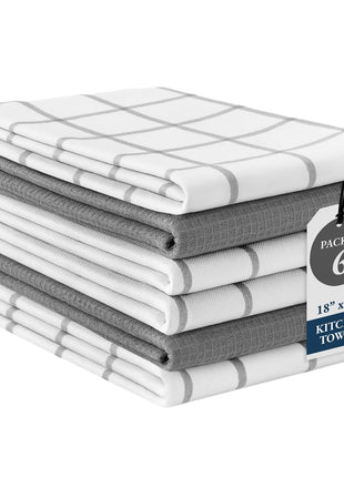 LANE LINEN Cotton Kitchen Towels and Dish Cloths Set, 6-Pack – Absorbent, Quick-Drying Dish Towel, 18" x 28", Soft, Premium Hand and Tea Towels - Grey