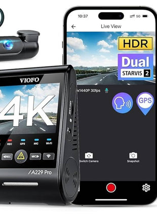 VIOFO A229 Pro 4K HDR Dash Cam, Dual STARVIS 2 IMX678 IMX675, 4K+2K Front and Rear Car Camera, 2 Channel with HDR, Voice Control, 5GHz WiFi GPS, Night Vision 2.0, 24H Parking Mode