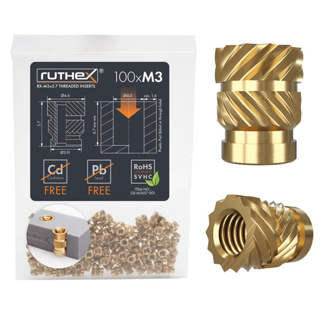 ruthex M3 Threaded Inserts - 100 Pieces RX-M3x5.7 Brass Heat Set Insert for Plastic Parts - Metric knurled Nuts - Insert by Heat into 3D Printing Components