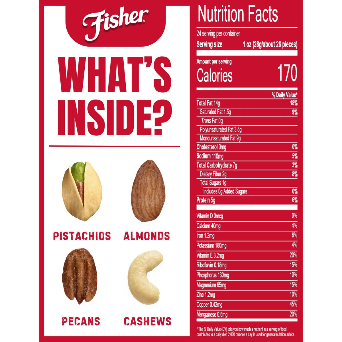Fisher Oven Roasted Never Fried Deluxe Mixed Nuts, 24 Ounces (Pack of 1), Almonds, Cashews, Pecans, Pistachios, Healthy Snacks for Adults, Made With Sea Salt, No Added Oil, Trail Mix, Gluten Free