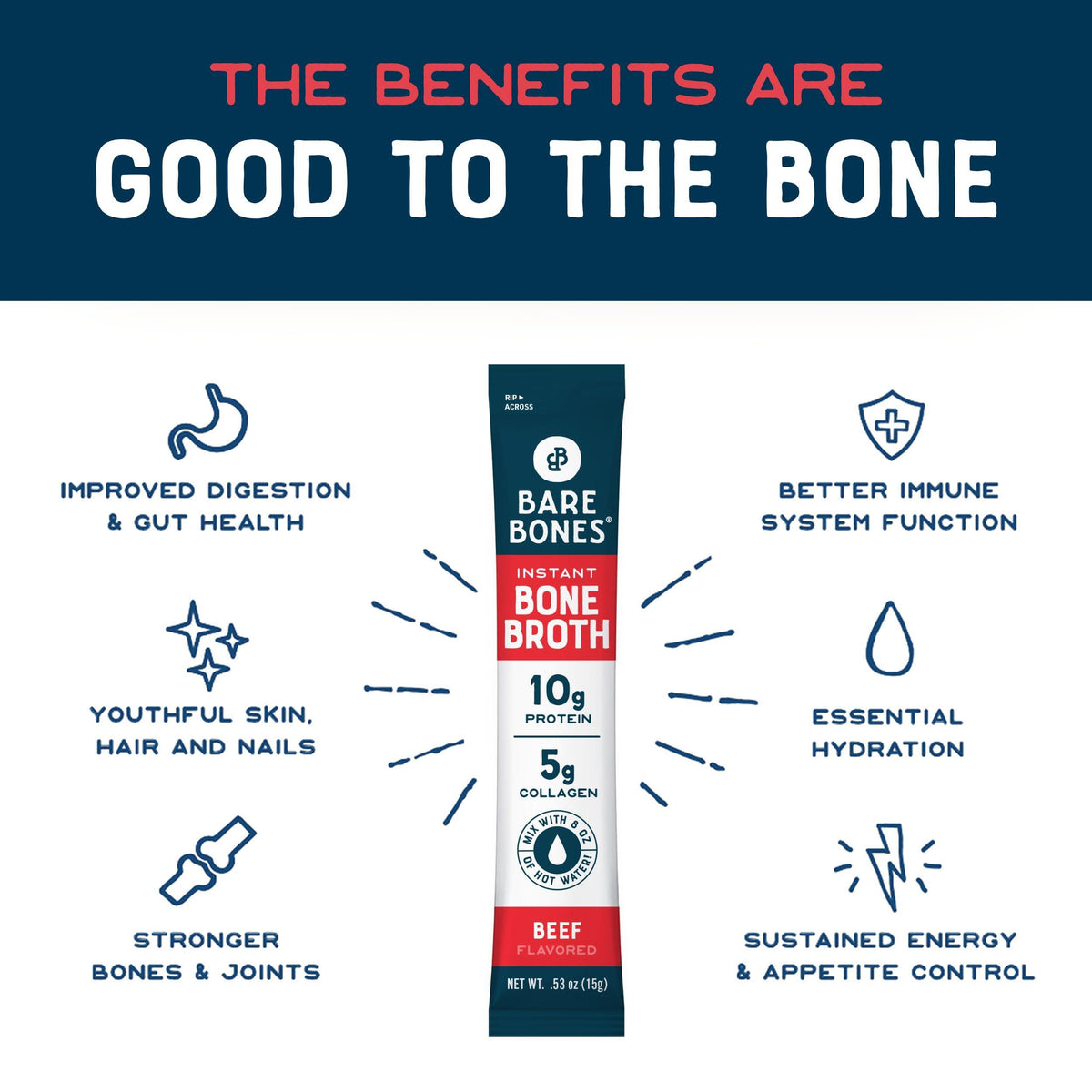 Bare Bones Beef Bone Broth Instant Powdered Mix | Rich Savory Packets on-the-Go No Artificial Flavors | Keto & Paleo Friendly | 10g Protein | 16 Pack