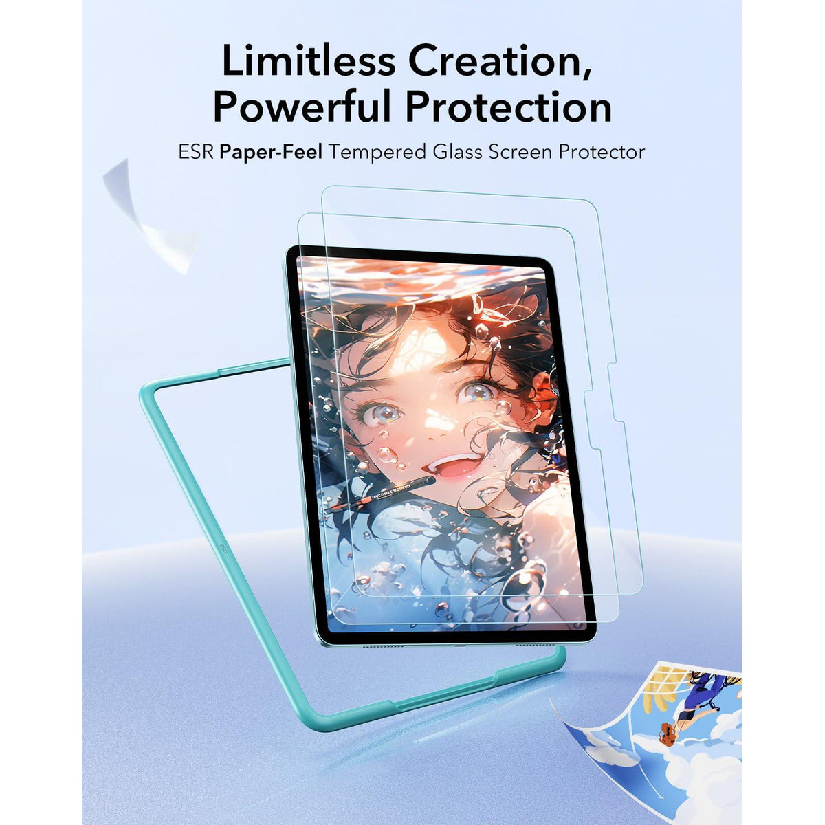 ESR 2 Pack Paper-Feel Screen Protectors for iPad Air 11 Inch M3/M2 (7th/6th Generation, 2025/2024), Write and Draw Like on Paper, 9H Tempered Glass, Matte Writing Film with Alignment Frame, Anti-Glare
