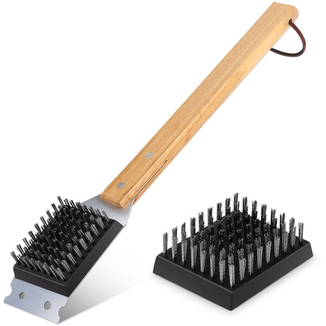 SIMPLETASTE Grill Brush and Scraper for BBQ, Durable & Effective, Replaceable Stainless Steel Head, Wooden Handle Wire Grill Brush for Outdoor Grill, Barbecue Accessories