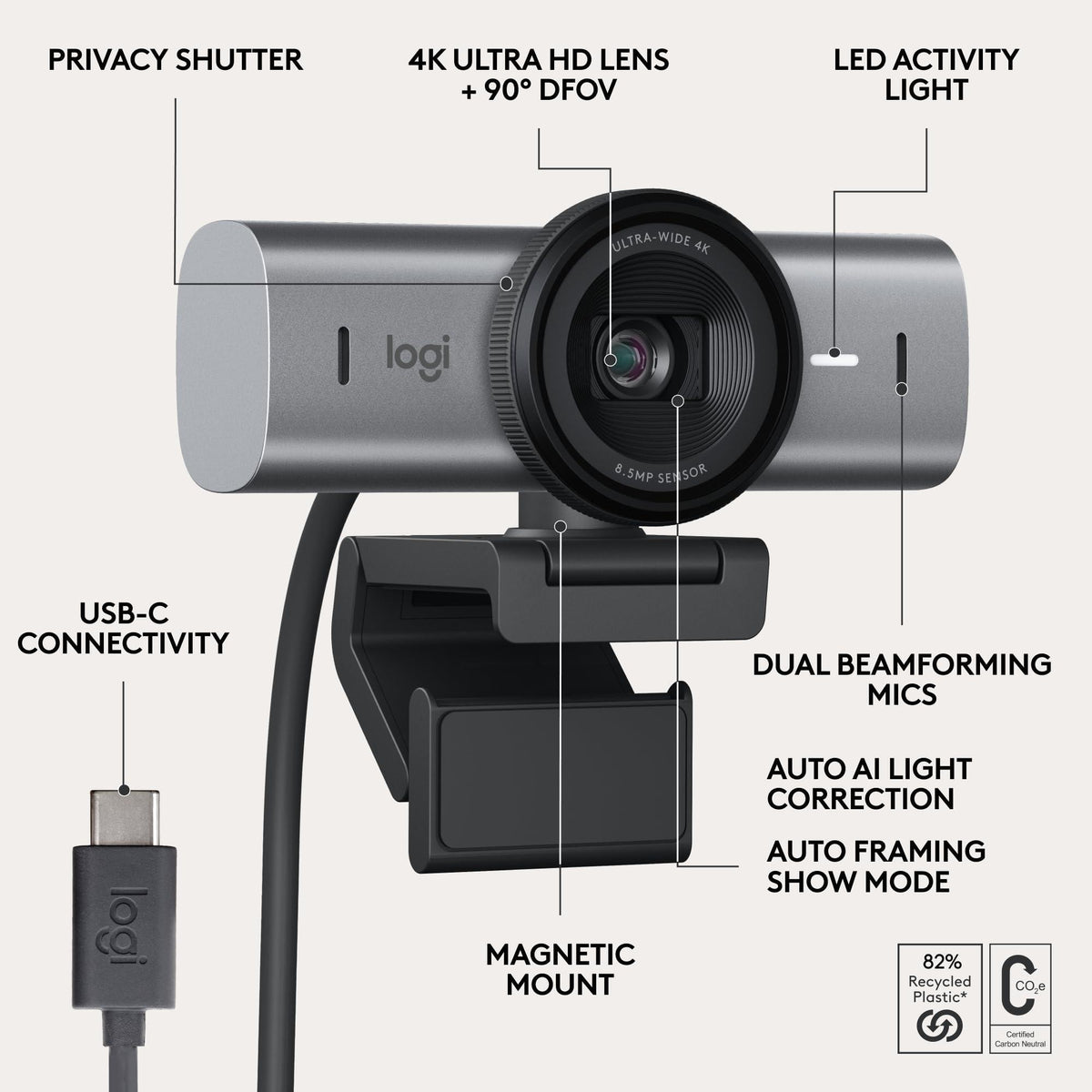 Logitech MX Brio 705 for Business 4K Webcam with Auto Light Correction, Ultra HD, Auto-Framing, Show Mode, USB-C, Works with Microsoft Teams, Zoom, Google Meet - Graphite