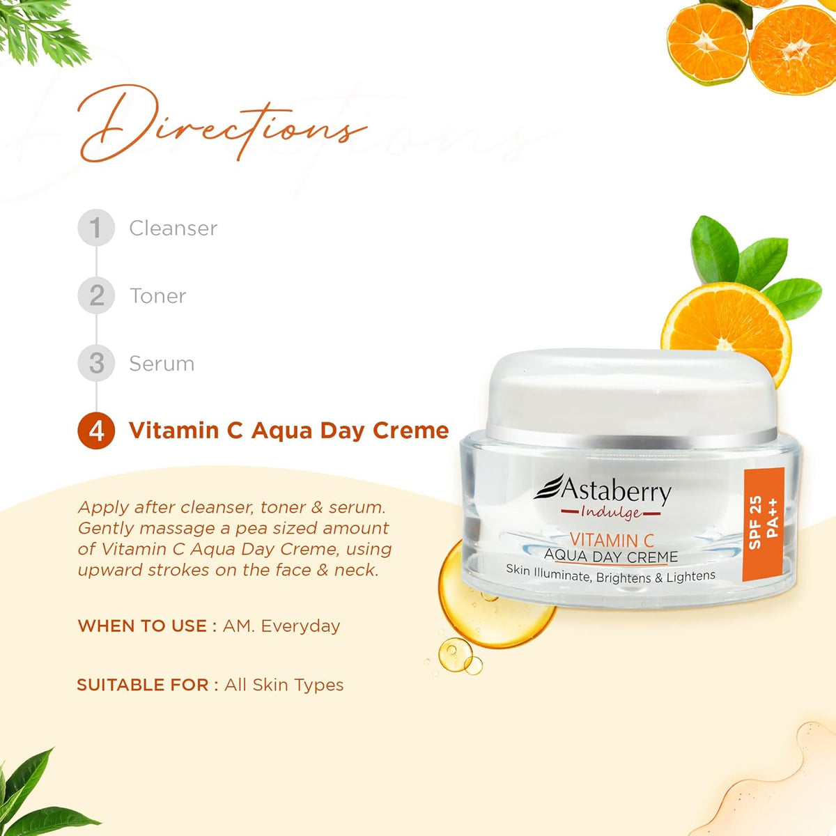 Astaberry Indulge Vitamin C Day CrËme with SPF 25 for Glowing Skin | Reduces Acne | Protects From UV Damage | Reduces Dark Spots & Blemishes - 50 g