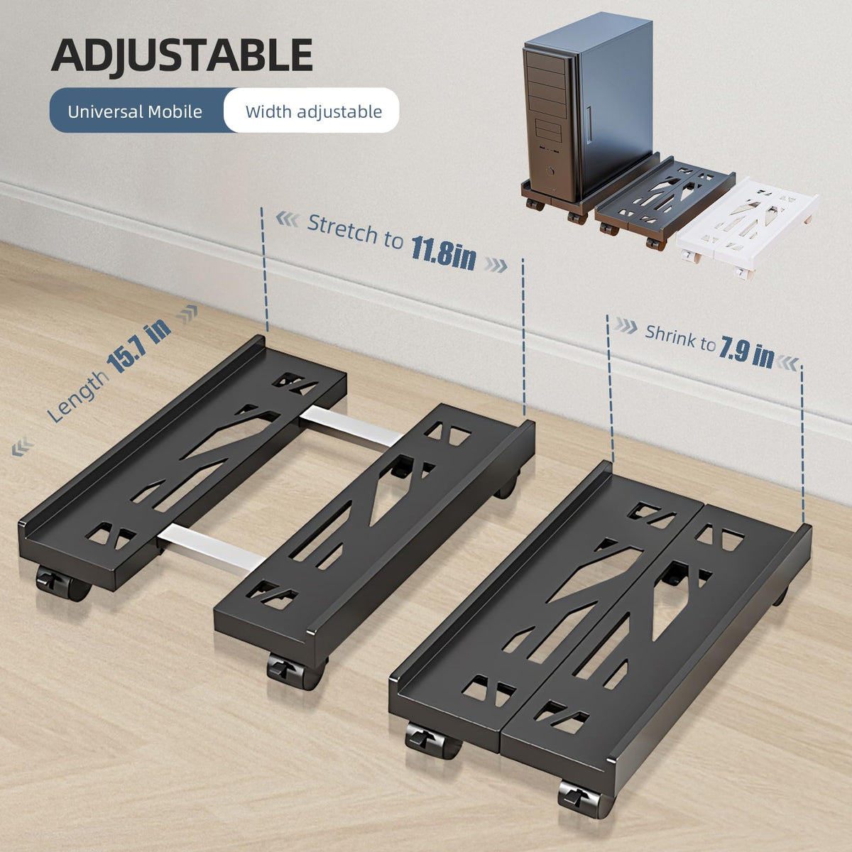 Adjustable Mobile CPU Stand, Ventilated Computer Tower Stand with 4 Caster Wheels Fits Most PC Tower, Under Desk CPU Holder PC Floor Cart Computer Riser for Gamers and Students (Black)