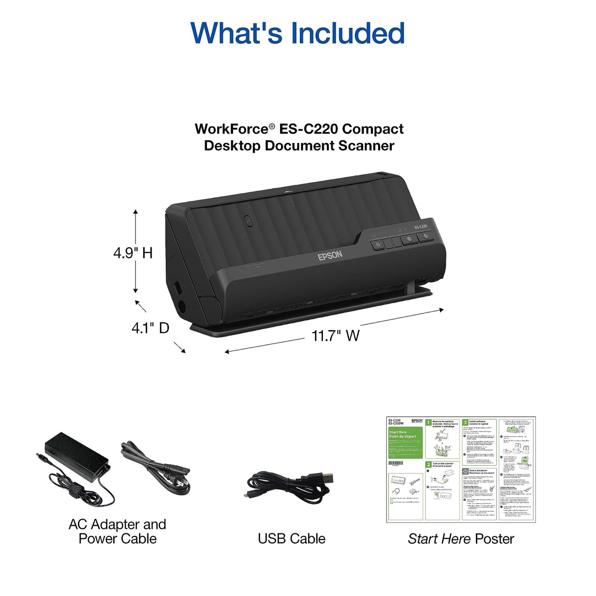 Epson Workforce ES-C220 Compact Desktop Document Scanner with 2-Sided Scanning and Auto Document Feeder (ADF) for PC and Mac