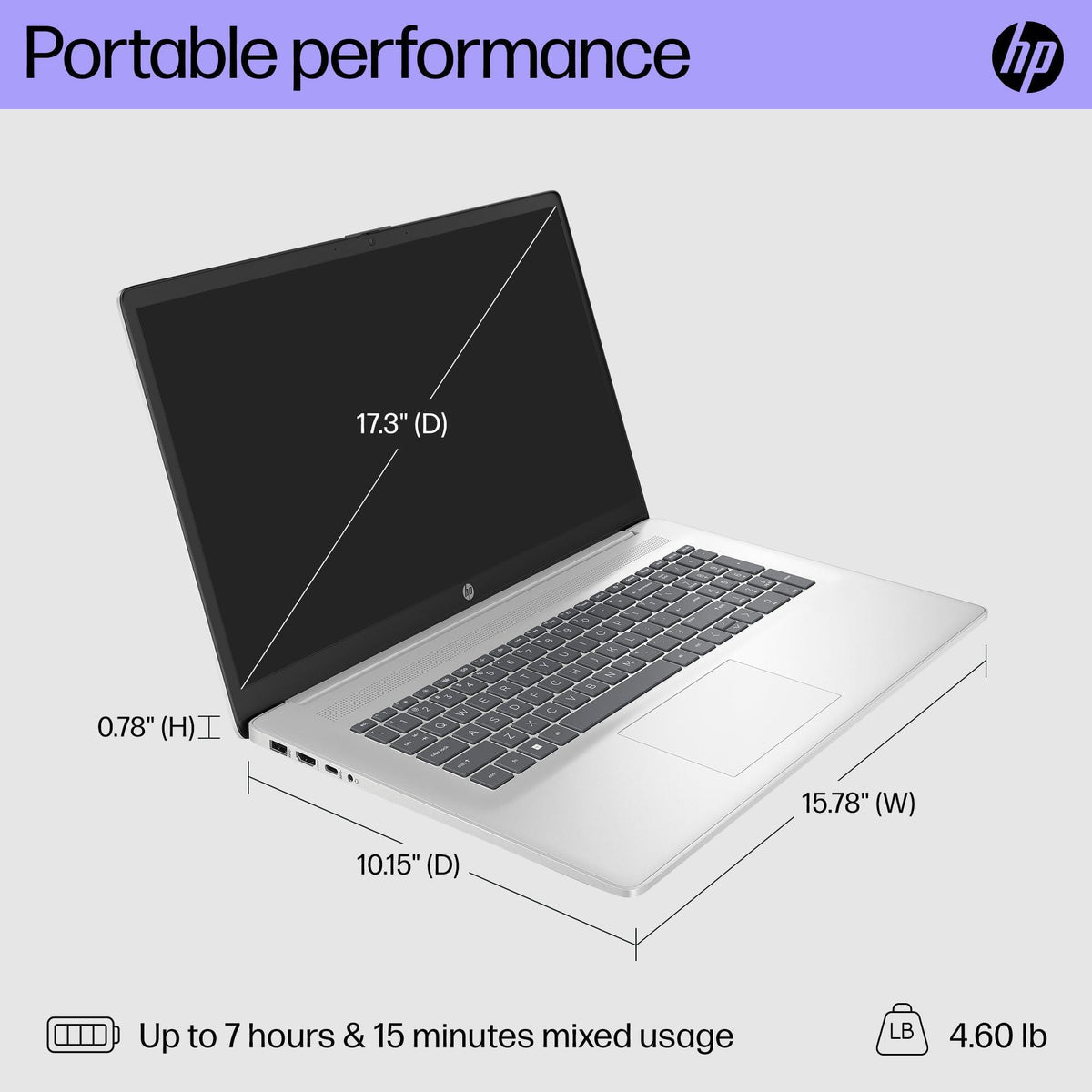 HP 17.3 inch Laptop, HD+ Display, Intel Core 3 100U, 8 GB RAM, 256 GB SSD, Intel Graphics, Windows 11 Home, 17-cn4010nr (2024)