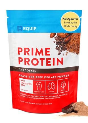 Equip Prime Chocolate Protein Powder - Gut-Friendly, No Sugar Protein Shake Powder with Grass-Fed Beef & Natural Collagen - Rich & Creamy Mix - 21g Per Serving - Whey & Dairy-Free (30 Scoops)