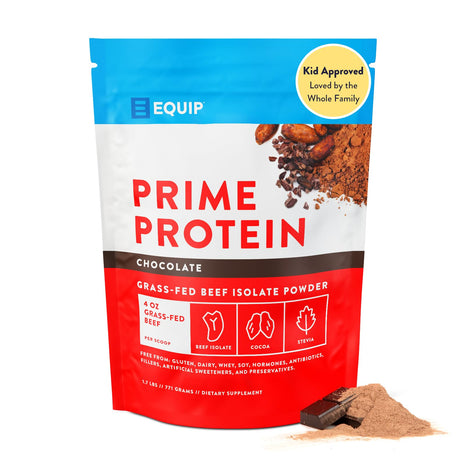 Equip Prime Chocolate Protein Powder - Gut-Friendly, No Sugar Protein Shake Powder with Grass-Fed Beef & Natural Collagen - Rich & Creamy Mix - 21g Per Serving - Whey & Dairy-Free (30 Scoops)