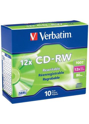 Verbatim CD-RW 700MB 4X-12X Rewritable Blank Media - 10 Discs in Slim Jewel Cases