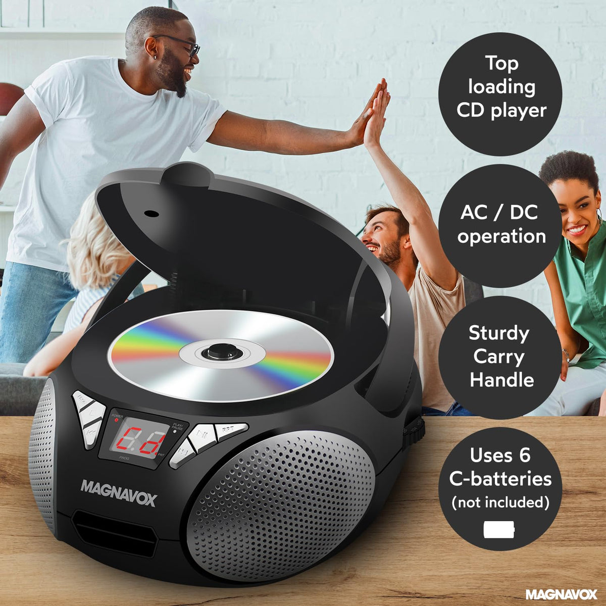 Magnavox MD6924 Portable Top Loading CD Boombox with AM/FM Stereo Radio in Black | CD-R/CD-RW Compatible | LED Display | AUX Input | Programmable CD Player | 1.6 watts of audio